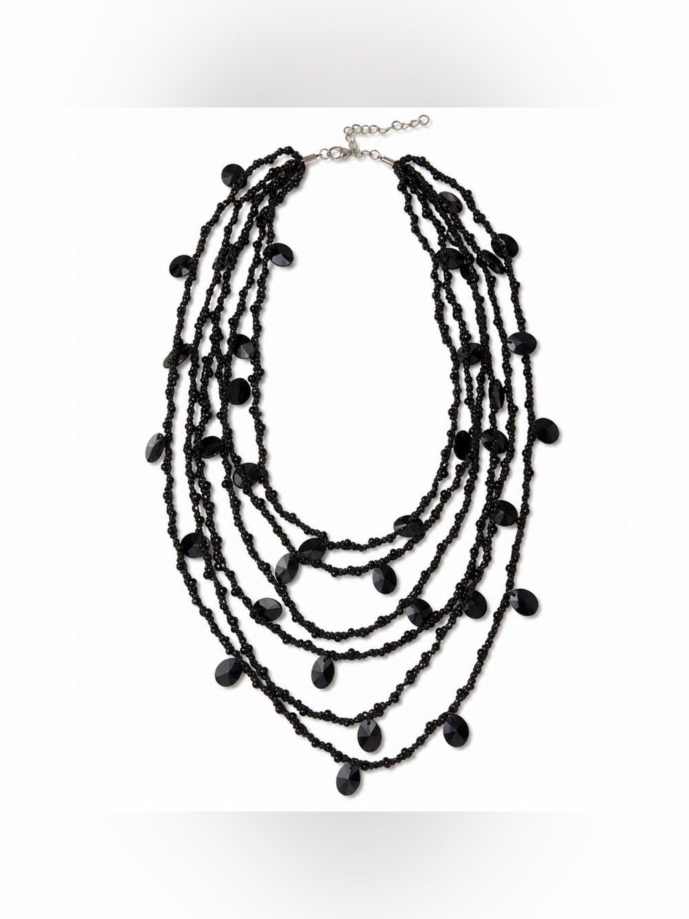 Black Multi Strand Beaded Crochet Necklace Teardrop Statement Jewelry Unworn